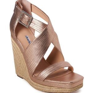 Charles David Esper Metallic Rose Embossed Leather Espadrille Wedge Sandal